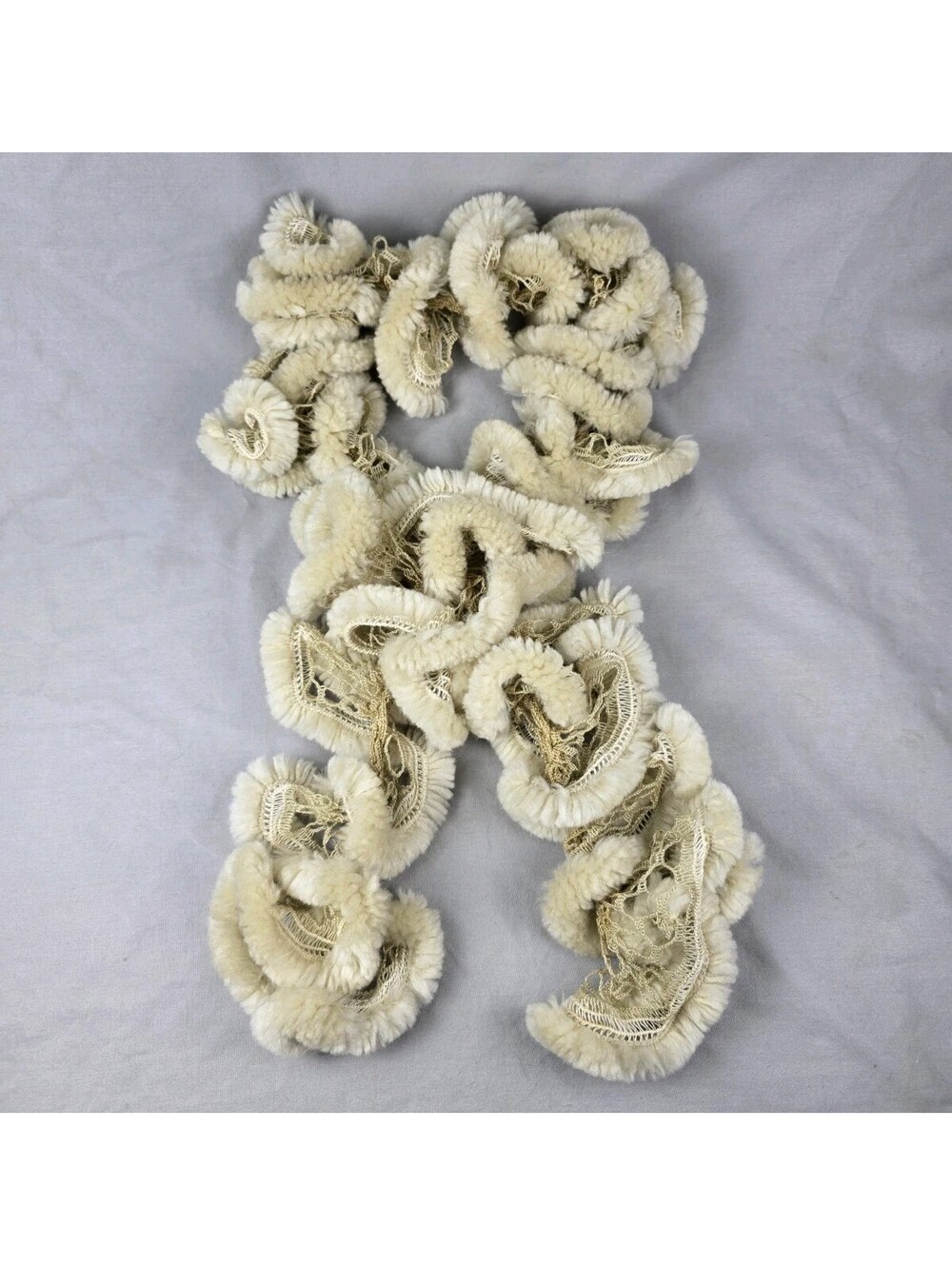 Handmade Faux Fur Ruffle Knit Scarf Plush Soft Off White Cream 48"x4" Made USA